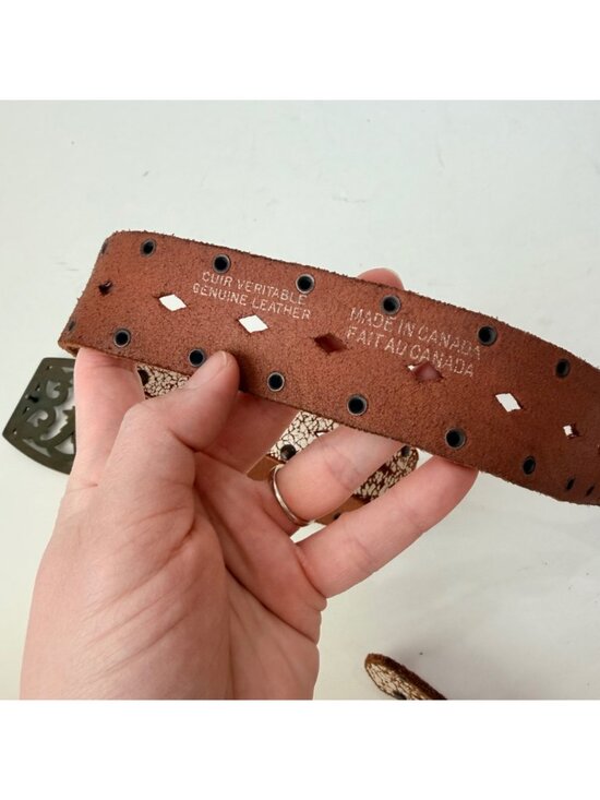 Aldo Y2K Western Boho Distressed Leather Belt Rhinestone Buckle Studded Brown main image 4